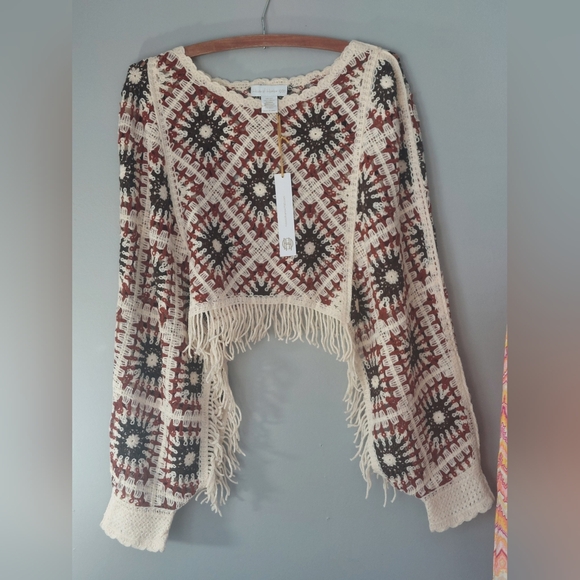 House of Harlow 1960 Tops - NWT House of Harlow fringe GRANNY Square poncho style Hippie shirt bouse top